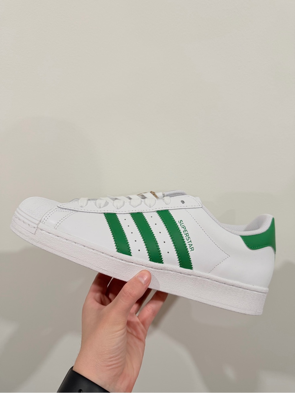 adidas Men’s Superstar Sneakers in White with Green Stripes size 11